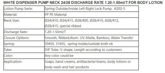 316ss Spring White Body Lotion Dispenser Pumpe Hals 24 / 28 Entlastung K202-5