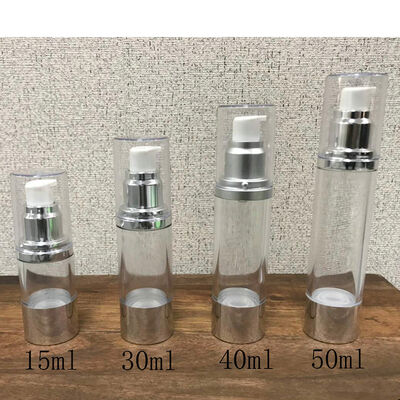 Lager leer 15 ml 30 ml 40 ml 50 ml Schraubenverschlusspumpe Kunststoff Airless Lotion Pumpflasche Silberkappe für Kosmetikverpackungen