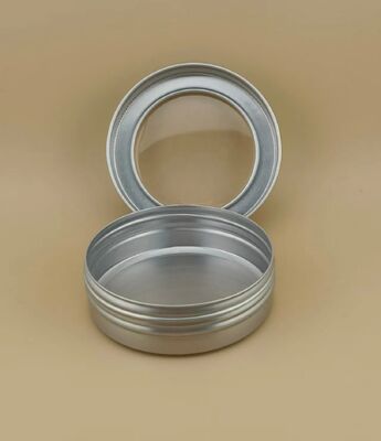 Großer silberner Aluminiumkoffer mit klarer Schraubkappe für Kosmetika