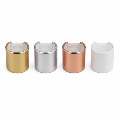 Goldene Aluminium-Kunststoff-Runde Glatte Kappe mit klarem Knopf für Hautpflegeflaschen